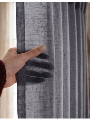 Favolli Antrasit Renk Keten Dokulu Tül Perde - 1/3 Sık Pile - Pinterest Stilinde Dekorasyon