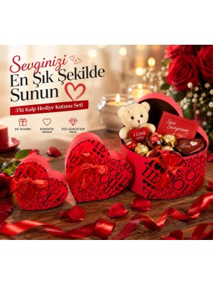 Kesene Sevdiklerinizi Mutlu Etmenin En Şık Yolu 3'lü Kalp Hediye Kutu seti 3'lü Set I Love You Kırmızı