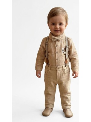 Butik Erkek Bebek Pamuklu Müslin Kuamş Ponpon Tavşanlı Pantolon Askılı Takım
