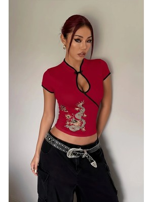 Moonstyle Collection Kırmızı Mandarin Yaka Ejderha Motifli Vintage Qipao Y2K Kısa Kollu Crop