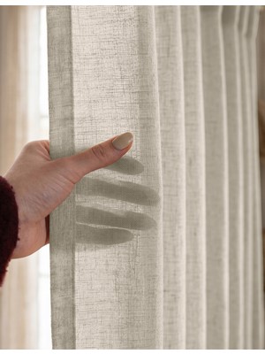 Favolli Krem Renk Keten Dokulu Tül Perde - 1/3 Sık Pile - Pinterest Stilinde Dekorasyon