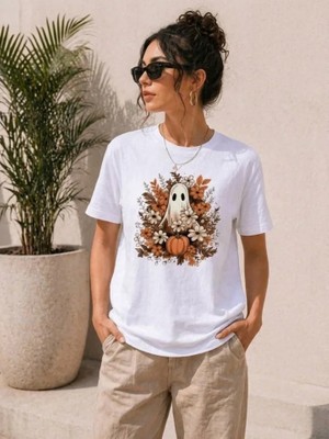 Moda Loris Balkabağı Hayalet Baskılı Tişört Kısa Kol Yazlık T-Shirt - Beyaz