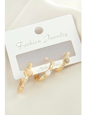 İlk El Grup 3 Adet Kalp Zirkon Taşlı Küpe
