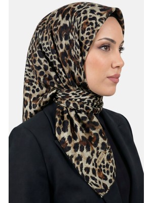 Hadiora Kadın Bej Kahve  Leopar Desenli Dikişli Yazma