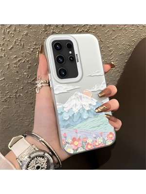 HONTINGA Samsung Galaxy S23 Ultra ile Uyumlu Kılıf Silikon Kenar Sert Arka Kamera Koruyucu Basitlik Anti Düşme Kamera Korumalı Dağ Desen Couple Telefon Kılıfı Kadın ve Erkek Için Uygundur K1-1360