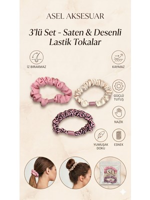 Asel Aksesuar 3'lü Çok Renkli Saten ve Desenli Büzgülü Lastik Toka Seti