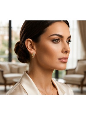 Fm 💎 Premium Gold Renk Parlak Geometrik Taş Detaylı Bijuteri Halka Küpe 💎✨