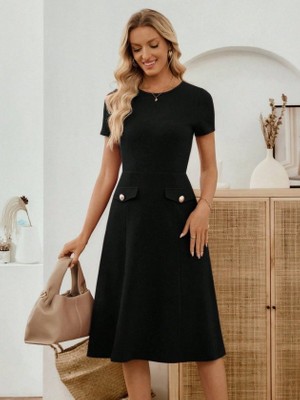 Moda Loris Kadın Kısa Kollu Bisiklet Yakalı Cep Detaylı Midi Ithal Krep Elbise