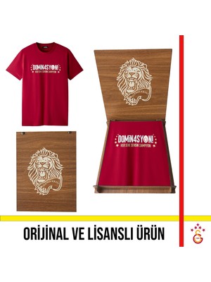 Galatasaray Lisanslı 2026 Şampiyonluk Dominasyon Kırmızı Tişört Aslan Ahşap Kutulu