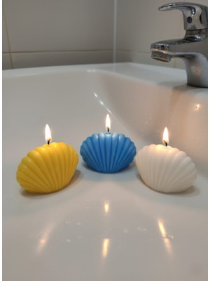 AY IŞIĞI MUMLARI İstiridye 3'lü Hediyelik Dekoratif Hoş Kokulu Soya Wax Mum (Sarı + Mavi + Beyaz Renkli)