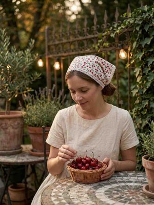 Mufin Collection Kiraz Desenli Dantelli Bandana – Çift Kat Pamuklu Müslin Kumaş