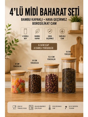 Back Sine 4 Lü Bambu Kapaklı Hava Geçirmez Cam Baharat Seti - Baharat Kuruyemiş  Tuz Saklama Kabı Mutfak Düzenleyici - Küçük Kavanoz
