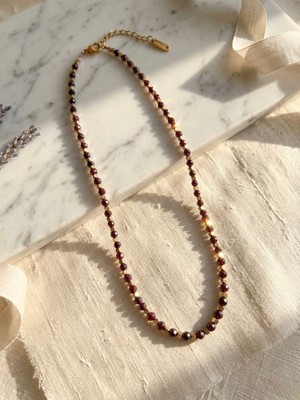 Meneva Aksesuar Lal (Garnet) Doğal Taşlı Altın Renk Çelik Kombin Kolye
