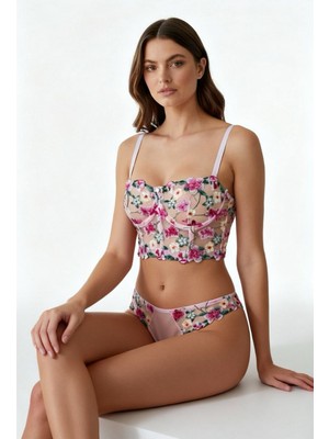 Sparkle and Glimmer Camille Pink Pembe Çiçek Nakışlı Balenli Desteksiz Korse İç Giyim Sütyen Külot Çamaşır Takımı
