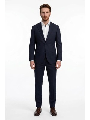 Uki Lacivert Comfort Fit , Mono Yaka, 2 Düğme Çift Yırtmaç Çizgili Klasik Takım Elbise