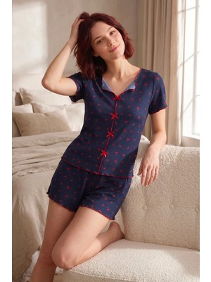 Bravie Düğmesiz Kısa Kollu Kiraz Desenli Şortlu Yumuşak Yazlık Pijama Takımı Lacivert