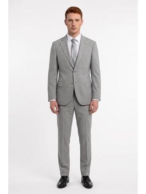 Uki Gri Comfort Fit , Mono Yaka, 2 Düğme Çift Yırtmaç Çizgili Klasik Takım Elbise