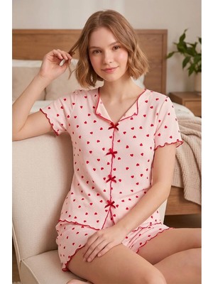 Bravie Düğmesiz Kısa Kollu Kırmızı Kalp Desenli Şortlu Yumuşak Yazlık Pijama Takımı Pembe