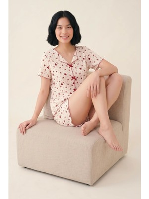 Bravie Düğmesiz Kısa Kollu Kırmızı Kurdele Desenli Şortlu Yumuşak Yazlık Pijama Takımı Beyaz
