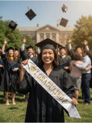 Dodomar Mezuniyet Kuşağı Beyaz Üzeri Altın Baskılı Saten Varaklı I Graduated Yazılı