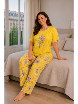 Büyük Beden Kadın Kısa Kollu Pijama Takımı Sarı, Çiçek Desenli Rahat Kalıp Yumuşak Kumaş Ev Giyim