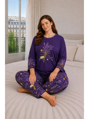 Büyük Beden Kadın Pijama Takımı Mor Çiçek Desenli Rahat Kalıp Yumuşak Kumaş Ev Giyim 46-56 Beden