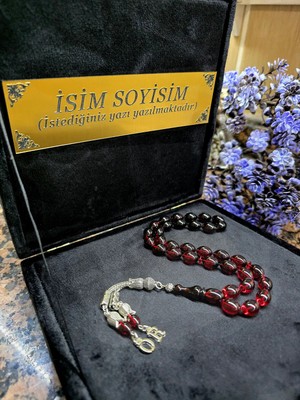 Zikir Tesbih Ateş Kehribar Tesbih, Harfli Kişiye Özel Kadife Kutulu , Sıkma Kehribar ,tespih Gümüş Kaplama, Bal Rengi