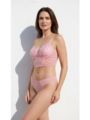 Sparkle and Glimmer Terry Pink Romantik Pembe Dantel Detaylı Büstiyer Sütyen Ve Tanga Külot Takımı