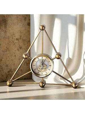 YNSK Luxury Üçgen Moleküler Tasarım Iskelet Mekanizmalı Gold Metal Masa Saati 35X30 cm - Çarklı Lüks Ofis Çalışma Masası Aksesuarı