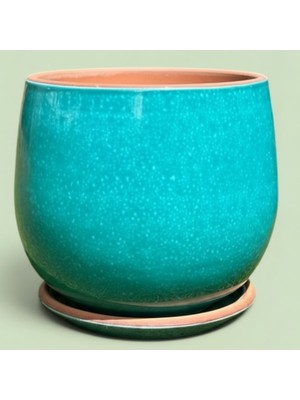 AdenArtpottery Toprak Saksı Dekoratif Turkuaz Altlıklı Sırlı Saksı El Yapımı 17*19 cm