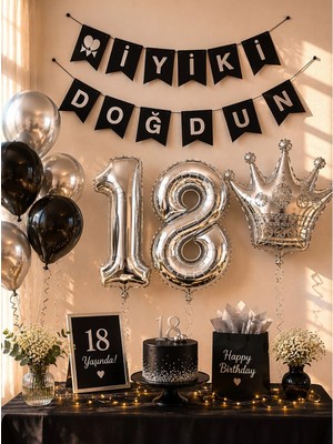Parti Adresi 18 Yaş Doğum Günü Dekorasyon Seti – Balonlu Parti Seti Siyah gümüş