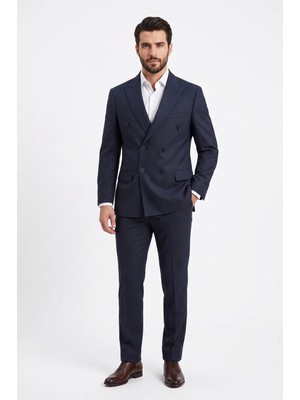 Uki Lacivert Comfort Fit 6 Drop Kruvaze Ceket
