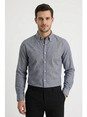 Uki Lacivert Keten , Confort Fit , Uzun Kol Gömlek