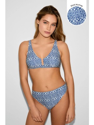 Kom Benih Retro Desen Toparlayıcı Bikini Takımı Saks