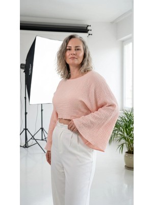 Byemelika Kayık Yaka, İspanyol Kol, Bürümcük, Lucia Crop Bluz (Pudra Pembe)