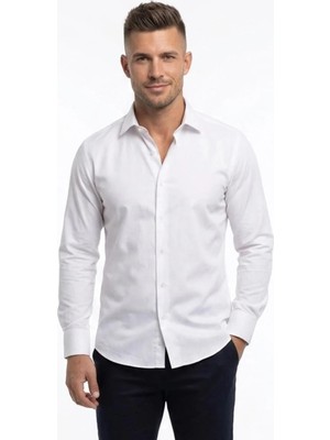 Uki Beyaz Comfort Fit , Yarım Italyan Yaka , Düz Klasik Gömlek