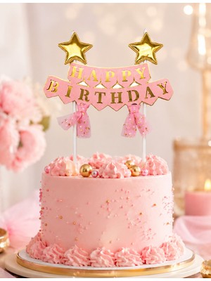 Dodomar Pasta Üstü Çubuklu Happy Birthday Yıldızlı Tüllü Pembe Süs Doğum Günü Parti Dekoru