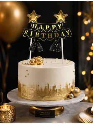Dodomar Pasta Üstü Çubuklu Happy Birthday Yıldızlı Tüllü Siyah Süs Doğum Günü Parti Dekoru