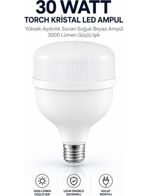 Nzb 30 Watt Torch Kristal LED Ampul Yüksek Aydınlık Sunan Soğuk Beyaz Ampül 3000 Lümen Güçlü Işık
