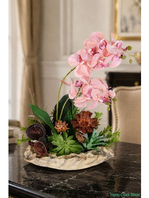 Yapay Çiçek Sitesi Seramik Saksıda Yapay Bitkili Orkide Tanzimi 46CM Pembe-Yeşil