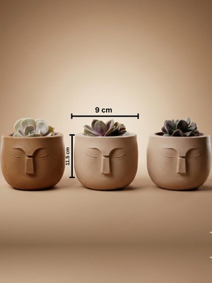 Çiçeva El Yapımı Modern Yüz Figürlü 3’lü Taş Tozu Saksı Seti – 10X10 cm