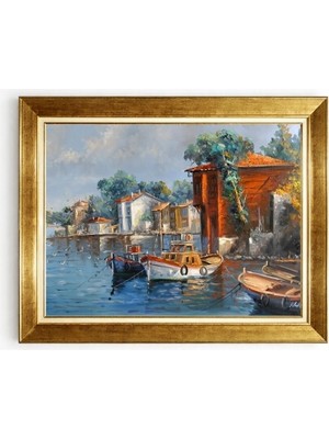 Tablore Deniz Kenarı Tarihi Evler ve Kayıklar Altın Çerçeveli Kanvas Tablo Yağlı Boya Dokulu Duvar Tablosu