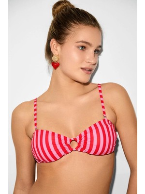 Kom Linjeli Çizgi Desen Straplez Bikini Takımı Pembe