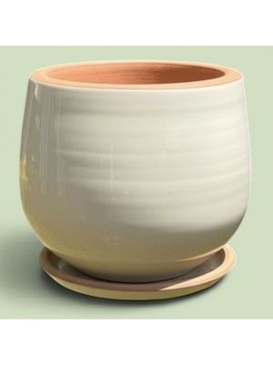 AdenArtpottery Toprak Saksı Dekoratif Beyaz-Krem Tabaklı Sırlı Saksı El Yapımı 17*19 cm