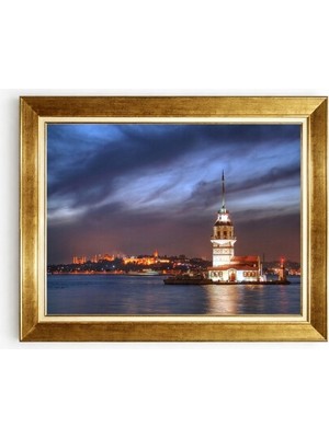 Tablore Işıklı Kız Kulesi Manzaralı Gece Temalı Çerçeveli Duvar Tablosu