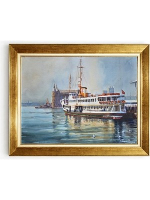 Tablore Deniz ve Istanbul Vapuru Manzaralı Gold Çerçeveli Salon Kanvas Tablo