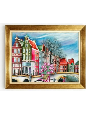 Tablore Altın Çerçeveli Amsterdam Evleri ve Laleli Bisiklet Yağlı Boya Efektli Duvar Tablosu