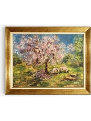Tablore Bahar Dalı Pembe Çiçekli Ağaç ve Koyunlar Yağlı Boya Dokulu Çerçeveli Tablo