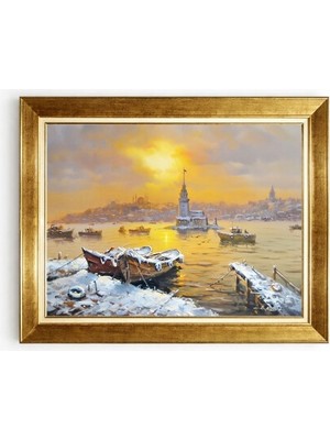 Tablore Karlı Istanbul Kız Kulesi ve Sandallar Yağlı Boya Dokulu Çerçeveli Tablo