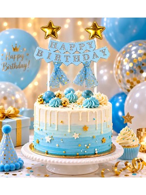 Dodomar Pasta Üstü Çubuklu Happy Birthday Yıldızlı Tüllü Mavi Süs Doğum Günü Parti Dekoru